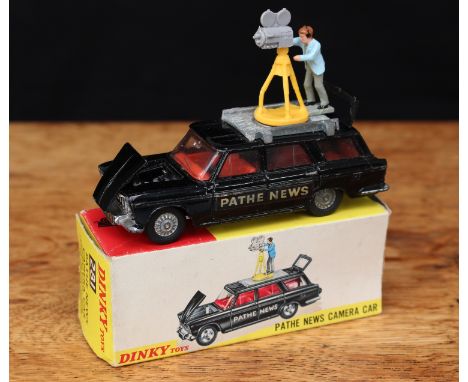 Dinky Toys 281 Pathe News camera car (Fiat 2300), black body with red interior, decals to sides doors, platform to roof with 