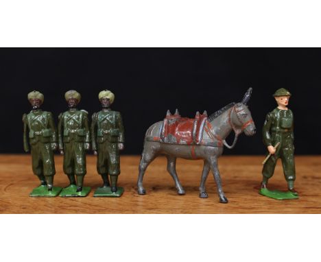 W Britain (Britains) No.1893 Indian Army Service Corps, comprising a marching officer with baton, three marching mule handler