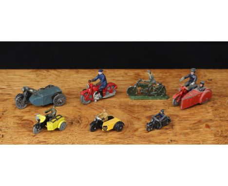 Motorcycling Interest - a group of motorcycling related models including a Qualitoys painted lead AA motorcyle patrol vehicle
