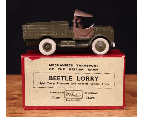 W Britain (Britains) No.1877 Beetle lorry (Mechanised Transport of the British Army), green body with brown canopy roof and s