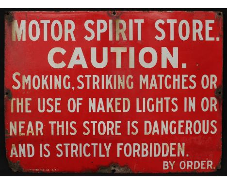 Automobilia and Petroliana Interest - a single sided rectangular shaped enamel sign, "MOTOR SPIRIT STORE. CAUTION. SMOKING, S