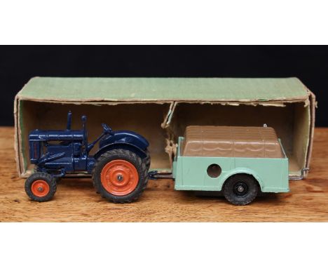 Britains 139F Fordson Major Tractor clockwork set, comprising Fordson Major tractor in blue with mechanical trailer in pale g