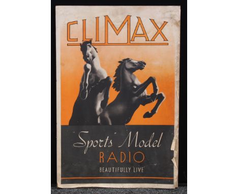 Advertising, Radio and Broadcasting Interest - a Climax 1930's Art Deco pictorial showcard, illustrated with a pair of pranci