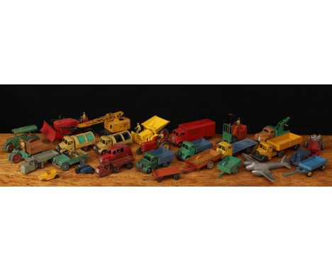 A collection of unboxed playworn diecast Dinky Toys and Dinky Supertoys, including 300 Massey Harris tractor, red body with p