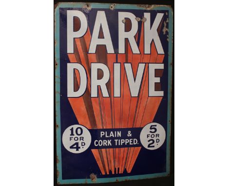 Advertising, Tobacciana and Smoking Interest - a single sided rectangular shaped enamel advertising sign, "PARK DRIVE, 10 FOR