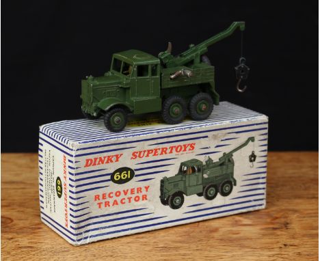 Dinky Supertoys 661 Recovery Tractor, military green body with seated driver figure to interior, six wheels, operable crane t