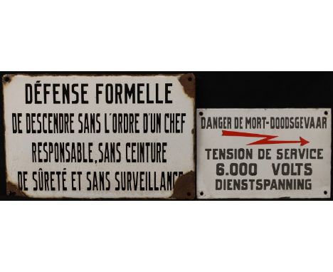 Industrial Salvage - a Belgian rectangular shaped enamel warning sign, "DANGER DE MORT-DOODSGEVAAR, TENSION DE SERVICE 6.000 