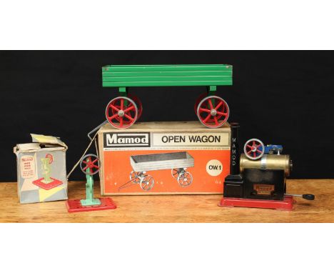 A Mamod SP1 live steam over type stationary engine,  blue painted frame, horizontal boiler type, single acting cylinder, sing