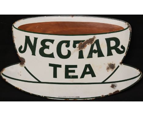Advertising - a small sized Nectar Tea single sided enamel advertising sign, in the shape and form of a teacup and saucer, "N