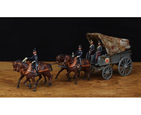 W Britain (Britains) No.145 Royal Army Medical Corps ambulance wagon, four horse team with two riders with whips, grey four w