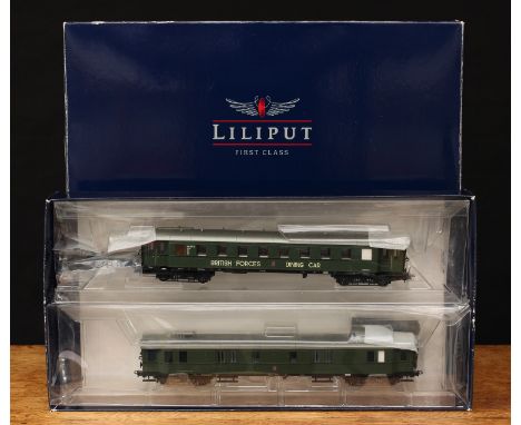 A Bachmann Liliput First Class 1:87 HO Gauge L350041 British Army in Germany Epoch III two piece coach set, comprising baggag