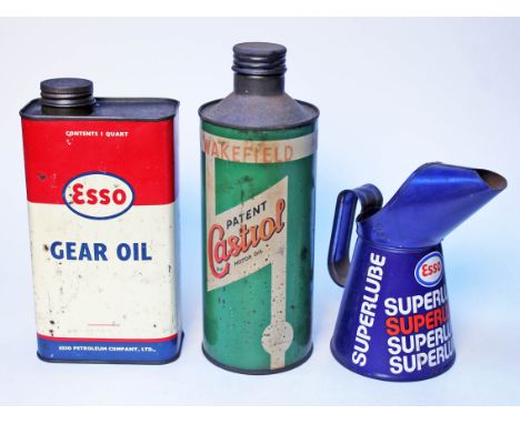 Automobile cans comprising; an Esso Gear oil, a Castrol motor Oil can and an Esso Superlube jug. 