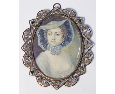 French 19th Century, miniature oval portrait on ivory, brass gem set frame, 9.5cm x 11cm.