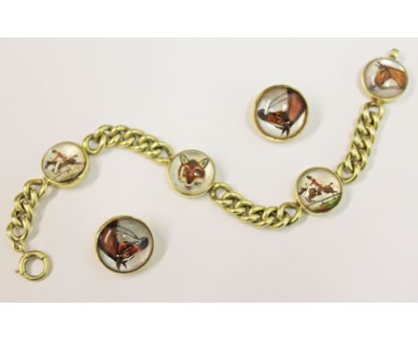 A 14K gold bracelet and matching earrings set with enamel hunting themed cabochons, bracelet length 18cm, gross wt. 42.3g. Co