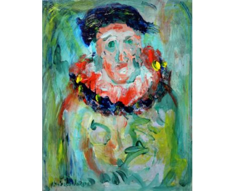James Lawrence Isherwood, clown portrait, oil on board, 30cm x 40cm, signed lower left, framed and comes with Clive Isherwood