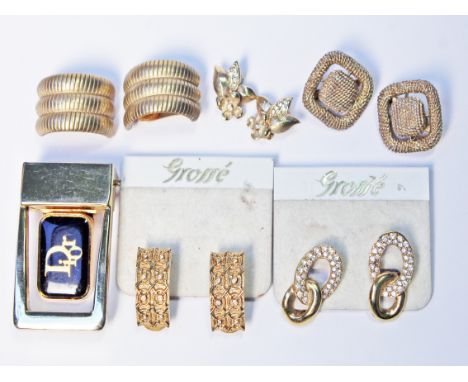 Vintage costume jewellery comprising two pairs of vintage Christian Dior clip on earrings and belt buckle, two pairs of Gross