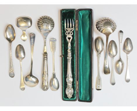 A mixed lot of hallmarked silver spoons/fork, Georgian and later.