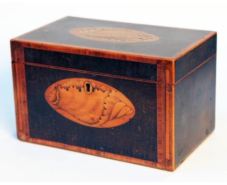 A Georgian inlaid tea caddy. L19cm.Condition:  Crack in the lid near back edge as pictured. Other general wear including old 