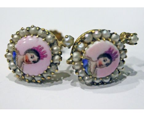 A pair of 9ct gold seed pearl and porcelain portrait earrings, diam. 13mm each, gross wt. 3.9g. Condition - good, no damage/r
