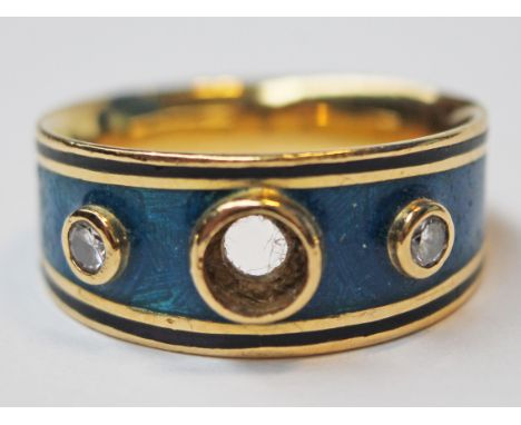 An 18ct gold diamond enamel ring, gross wt. 7.8g, size N/O.