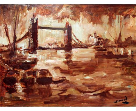 James Lawrence Isherwood, "Sepia Tower Bridge", oil on board, 50cm x 40cm, signed and framed, comes with Clive Isherwood cert