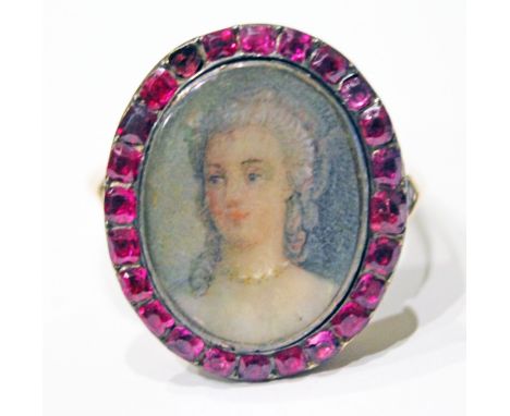 A 19th Century portrait and pink paste ring, the portrait approx. 12mm x 16mm, gross wt. 5g, size K. Condition - one pink sto