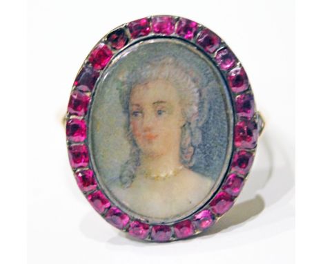 A 19th Century portrait and pink paste ring, the portrait approx. 12mm x 16mm, gross wt. 5g, size K. Condition - one pink sto