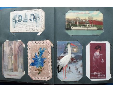 Postcards, a vintage album of approx. 221 mixed subject cards, mostly novelty and the unusual. Includes Epps Nature Series, H