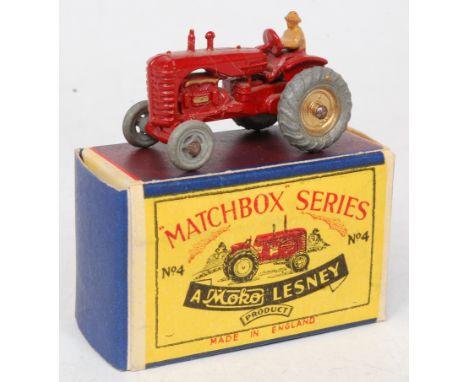 Matchbox Regular Wheels No.4B Massey Harris Tractor, red body, gold trim to rear wheels only, light tan figure driver, in the
