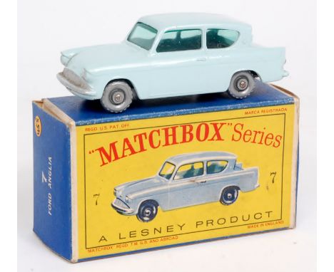 Matchbox 1-75 Series No.7B Ford Anglia, light blue body with green windows, in the original D type colour picture box (VG-BVG