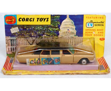 Corgi Toys, 262 Lincoln Continental Executive Limousine, metallic gold body with black roof and red interior, spun hubs, with