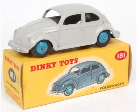 Dinky Toys, 181, Volkswagen Saloon, grey body, blue hubs with silver detailed bumper, in the original yellow picture sided bo