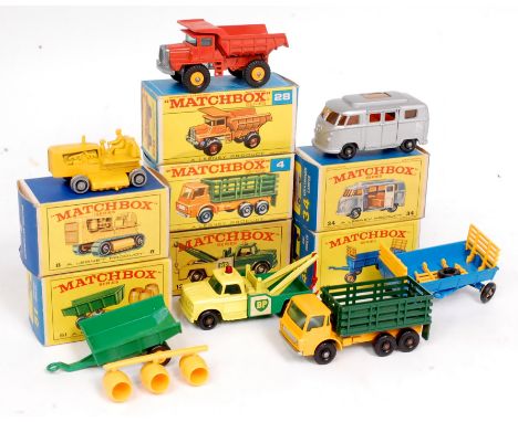 Matchbox 1-75 Series E and F boxed diecast group, 7 boxed examples, to include No.8 Caterpillar Tractor, tracks perished (G-B