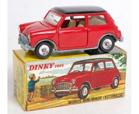 Dinky Toys, No.183 Morris Mini Minor (Automatic), red body with black roof, cream interior with jeweled headlights, silver ba