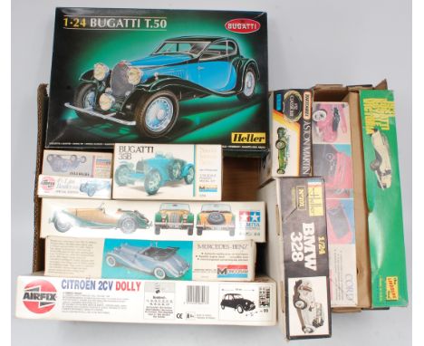 Lindberg, Matchbox, Heller, Airfix and Monogram plastic car kit group, 11 examples, some as issued others with parts away fro