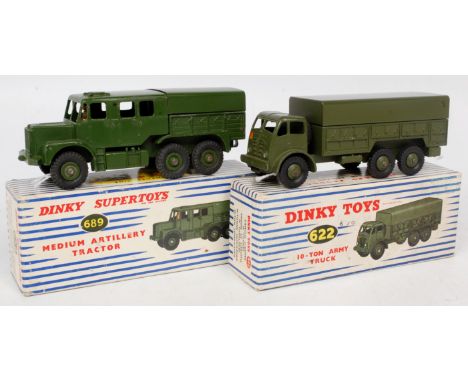 Dinky Toys, 689 medium artillery tractor, military green body with green tin rear canopy, seated drive figure with green hubs