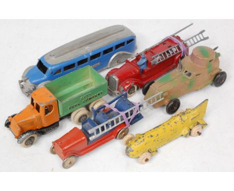 Tootsie Toys mixed diecast group, 6 loose examples, to include Grey Hound Bus (G), yellow Land Speed Car with white wheels (G