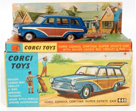 Corgi Toys, 440, Ford Consul Cortina Super Estate car, metallic dark blue with brown side panels, cream interior, with plasti