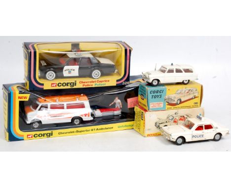 Corgi Toys and Dinky Toys Boxed Emergency Services Group, 4 boxed examples, to include Corgi No.405 Chevrolet Superior 61 Amb