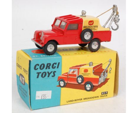 Corgi Toys, 417 Land Rover breakdown truck, red body with yellow tinplate canopy, flat spun hubs, in the original blue and ye