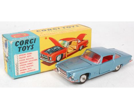 Corgi Toys, 241, Chrysler Ghia L64, Light metallic blue body, with red interior, spun hubs with Corgi Dog on parcel shelf, in