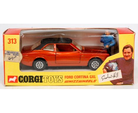 Corgi Toys No.313 Ford Cortina GXL "Graham Hill", metallic dark copper, matt black roof, cream interior with painted Graham H