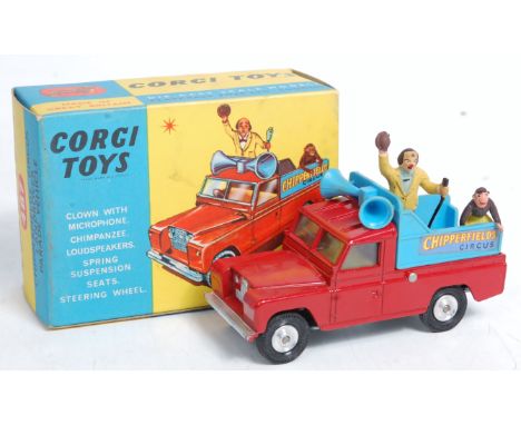 Corgi Toys, 487 Chipperfields Parade Vehicle, red body with light blue back, with chimpanzee and clown figure, in the origina