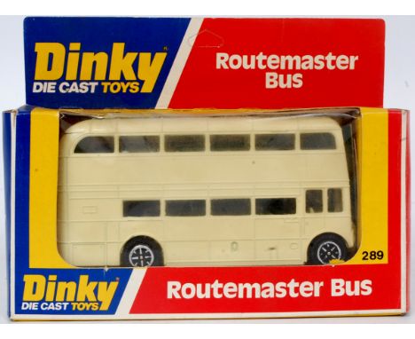 Dinky Toys, No.289 Routemaster Bus "Blackpool Zoo", cream body, light over dark blue decks, Speedwheels, with un-applied Blac