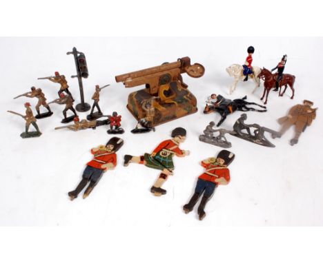 Collection of mixed Lead, Wooden and Tinplate Toys, to include 1930s tinplate Artillery Gun, 4 wooden Military hand painted f