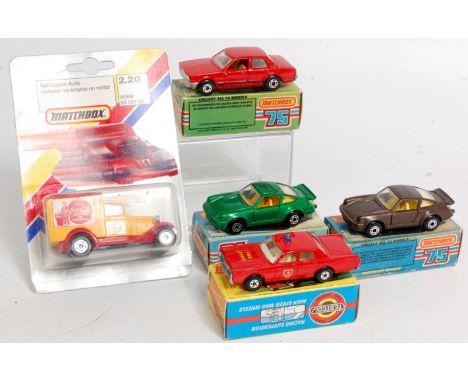 Matchbox Superfast Group, Carded and Boxed, 5 examples, to include No.59 Fire Car, No.3 Porsche in metallic green, No.3 Porsc