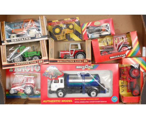 2 boxes of Britains, Siku, Chad Valley and Speed Drive Farming and Farm Implement Group, 15 examples, some with windows split