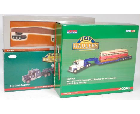 Corgi 1/50th scale Heavy Haulers Group, 3 boxed examples to include US55709 Kenworth W925 with Lowboy and Boat Load (NM-BVG),