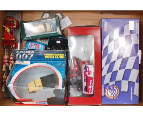 2 boxes of mixed loose and boxed diecast, to include Nascar, Commercial Vehicles, Coronation, and Film related examples, mixe