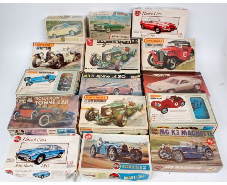 15 various plastic car kits by Matchbox, Airfix, Heller and Hobby Kits, some as issued others with parts off sprue, examples 